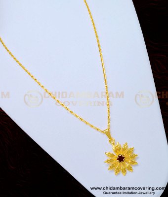 SCHN334 - New Model Light Weight Red Stone Flower Pendant Chain One Gram Gold Jewellery 