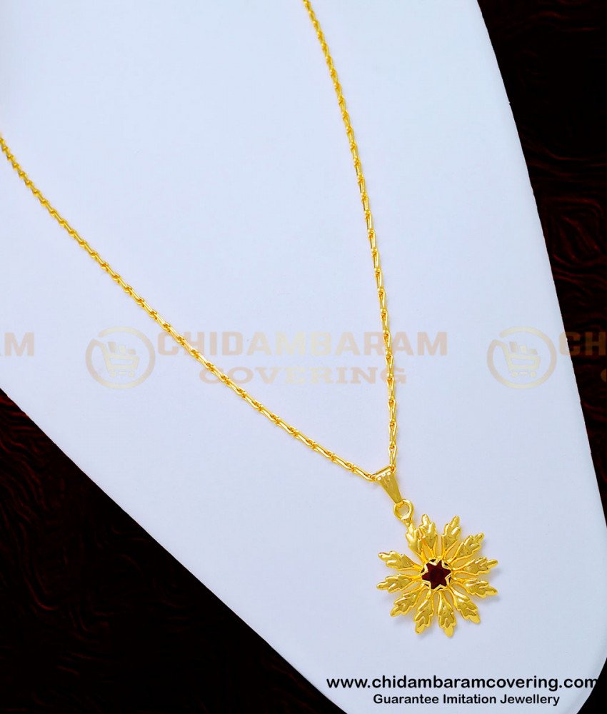 SCHN334 - New Model Light Weight Red Stone Flower Pendant Chain One Gram Gold Jewellery 