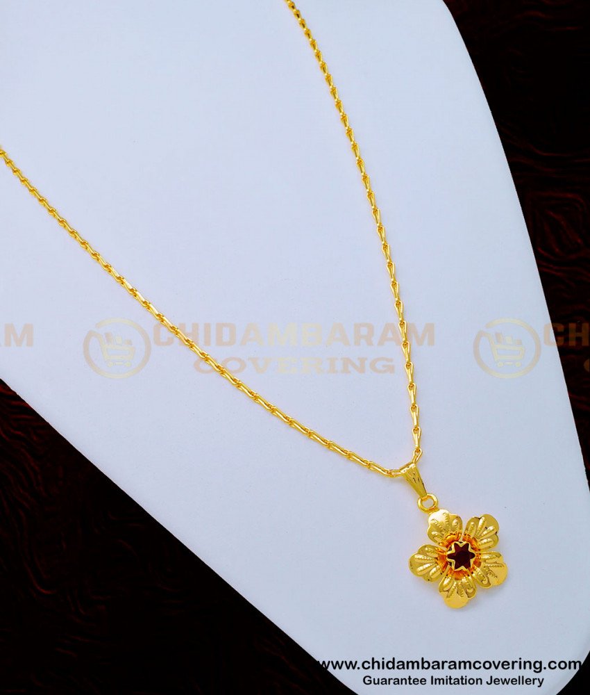 SCHN335 - One Gram Gold Short Chain with Red Stone Pendant Design for Ladies 