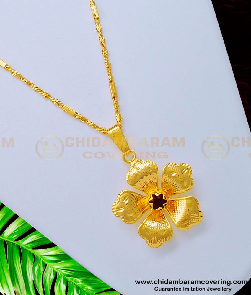 SCHN336 - Attractive Red Stone Flower Pendant with Chain First Quality Gold Plated Jewellery 