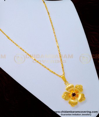 SCHN336 - Attractive Red Stone Flower Pendant with Chain First Quality Gold Plated Jewellery 