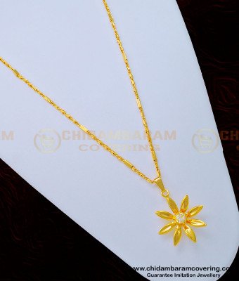 SCHN339 - Unique Gold Locket Design White Stone Flower Pendant with Chain for Ladies