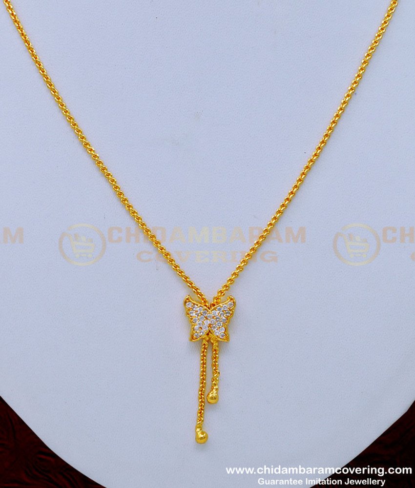 SCHN341 - One Gram Gold White Stone Butterfly Pendant with Short Chain for Female