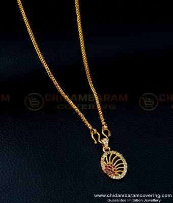 SCHN359 - Gold Plated White and Ruby Stone Office Wear Pendant with Small Chain for Women 