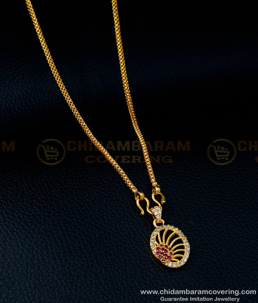 SCHN359 - Gold Plated White and Ruby Stone Office Wear Pendant with Small Chain for Women 