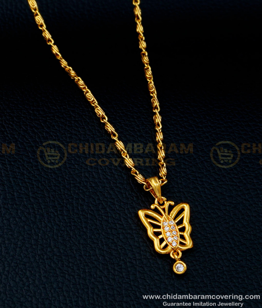 SCHN368 - Unique Butterfly Design American Diamond Stone Pendant Short Chain