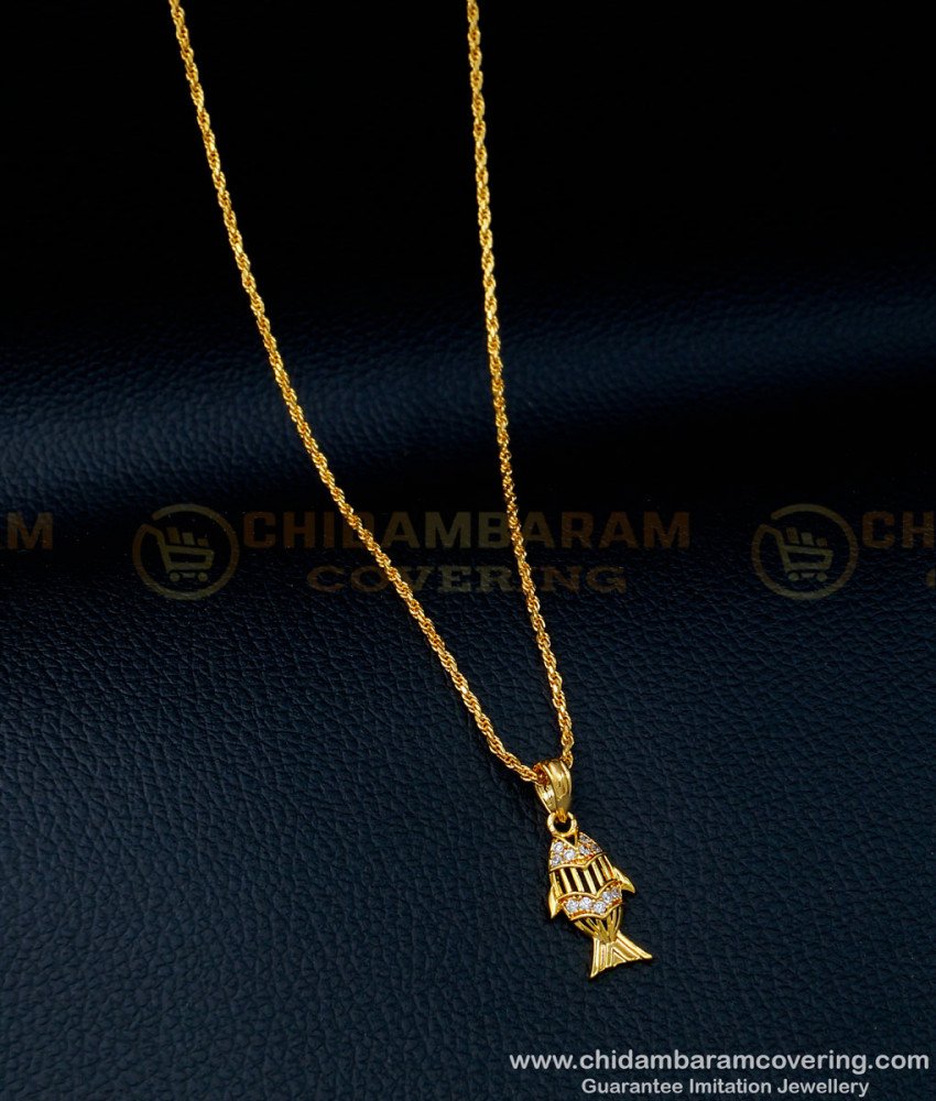 SCHN369 - One Gram Gold White Stone Fish Pendant with Matching Short Chain Online