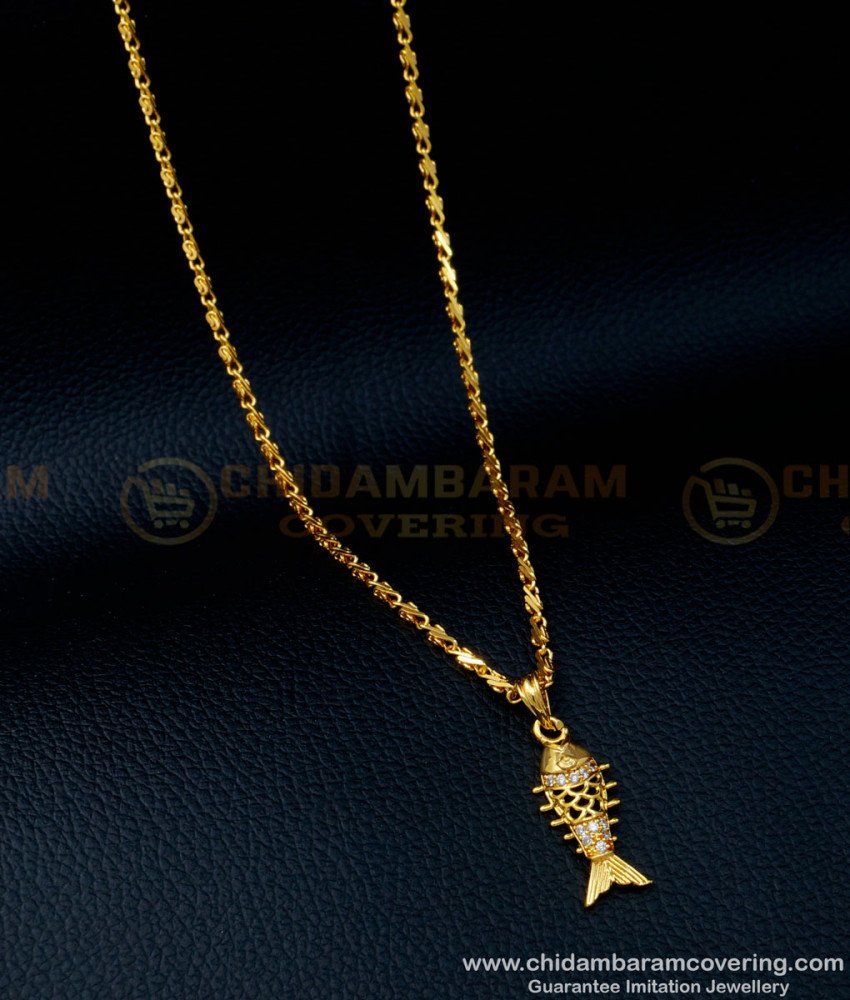 SCHN370 - Latest Light Weight White Stone Fish Dollar Chain for Daily Use  