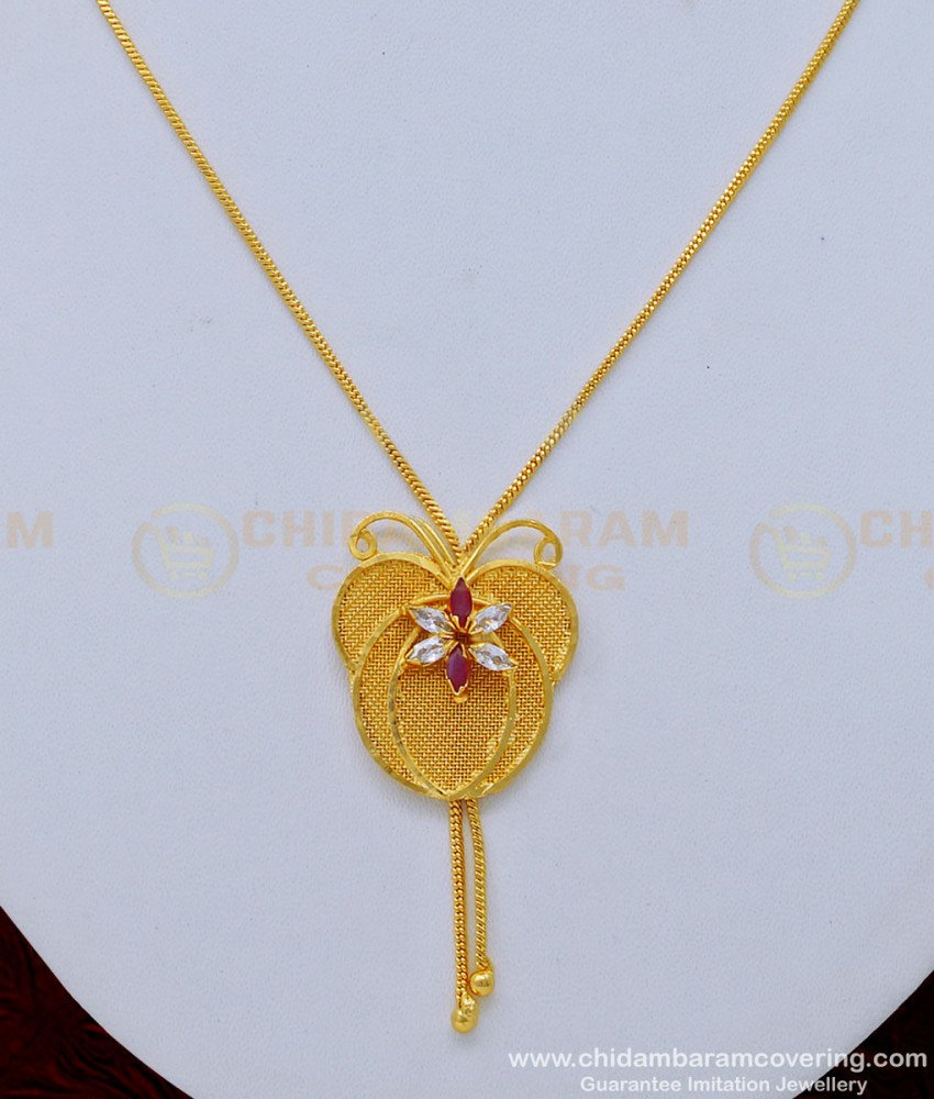 SCHN383 - Latest One Gram Gold Ad Stone Butterfly Design Pendant Chain Design Online