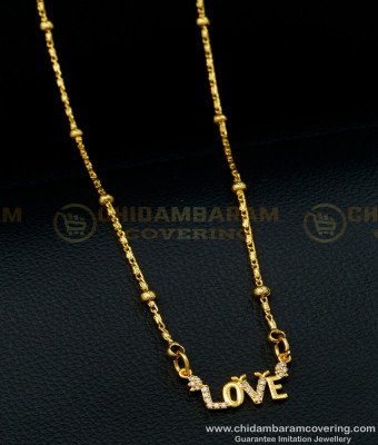 SCHN397 - Latest White Stone Love Locket Chain Gold Design for Daily Use 