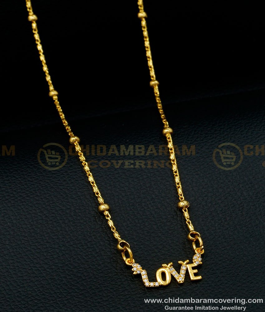SCHN397 - Latest White Stone Love Locket Chain Gold Design for Daily Use 