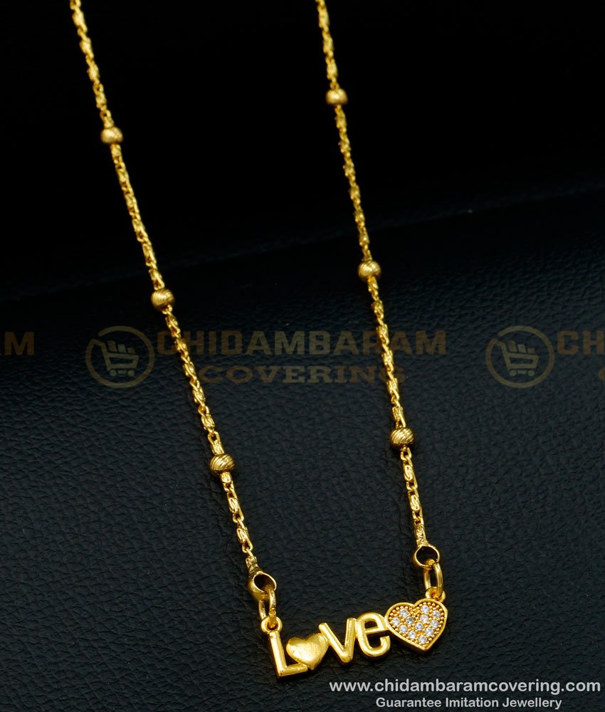 SCHN401 - Stylish Gold Design Love Heart Locket Chain White Stone Pendant Design for Girls