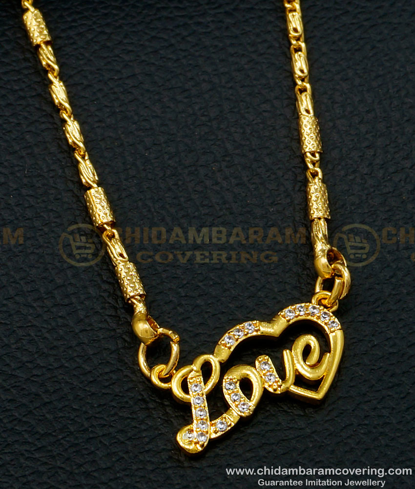 SCHN402 - Modern White Stone Gold Pendant Light Weight Love Dollar Chain for Ladies 