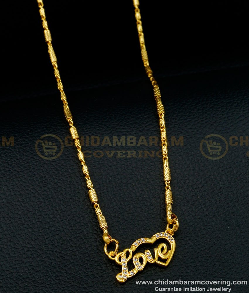 SCHN402 - Modern White Stone Gold Pendant Light Weight Love Dollar Chain for Ladies 