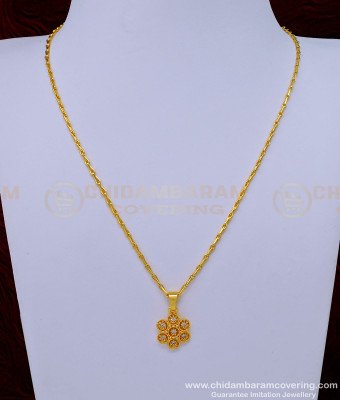 SCHN406 - 1 Gram Gold Light Wight White Stone Small Flower Pendant with Chain For Girls