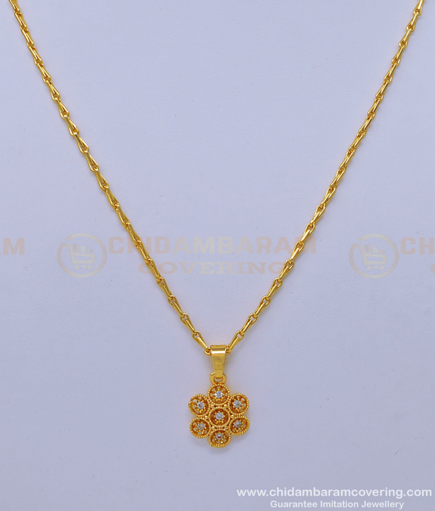 SCHN406 - 1 Gram Gold Light Wight White Stone Small Flower Pendant with Chain For Girls