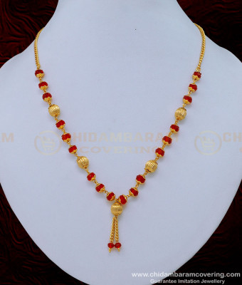 SCHN404 - 18 Inches Short Red Crystal Chain One Gram Gold Plated Jewellery Online