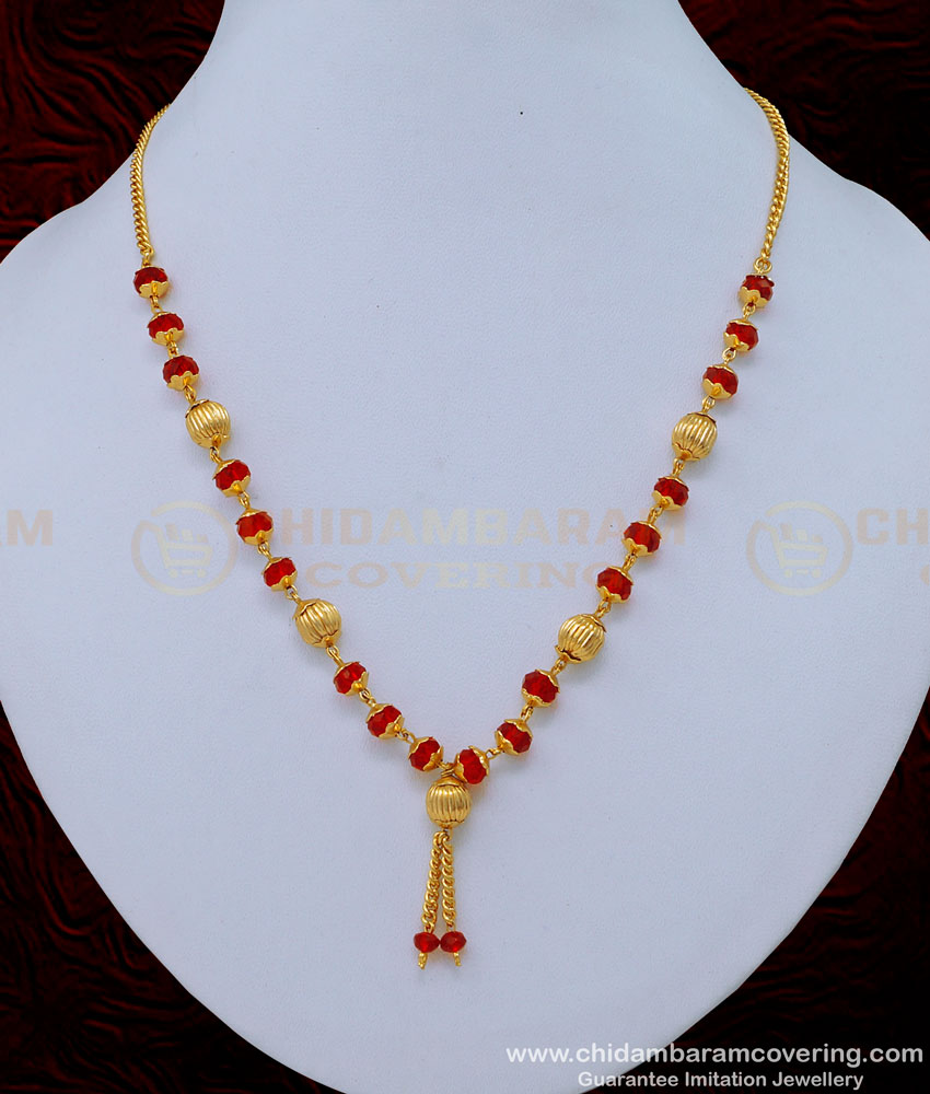 SCHN404 - 18 Inches Short Red Crystal Chain One Gram Gold Plated Jewellery Online