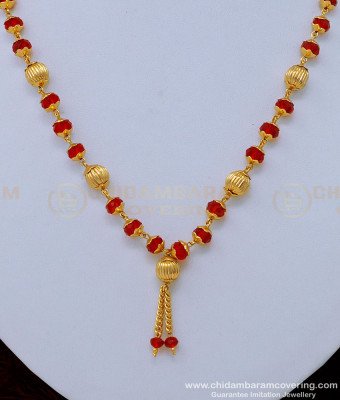 SCHN404 - 18 Inches Short Red Crystal Chain One Gram Gold Plated Jewellery Online