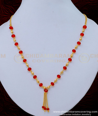 SCHN405 - Beautiful Daily Wear Red Crystal with Gold Beads Short Crystal Chain Necklace Online