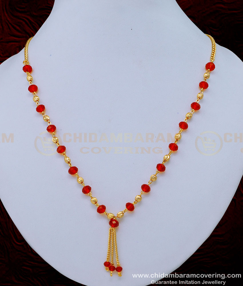 SCHN405 - Beautiful Daily Wear Red Crystal with Gold Beads Short Crystal Chain Necklace Online