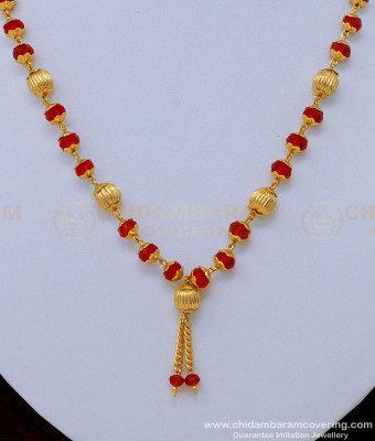 SCHN405 - Beautiful Daily Wear Red Crystal with Gold Beads Short Crystal Chain Necklace Online