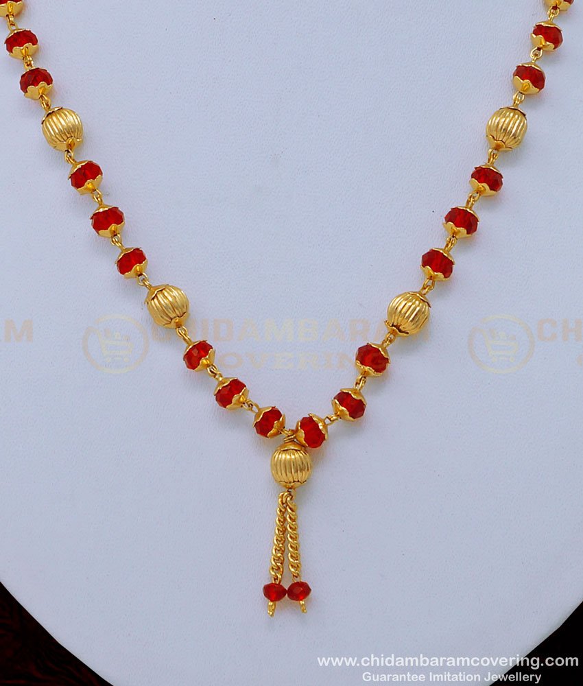 SCHN405 - Beautiful Daily Wear Red Crystal with Gold Beads Short Crystal Chain Necklace Online