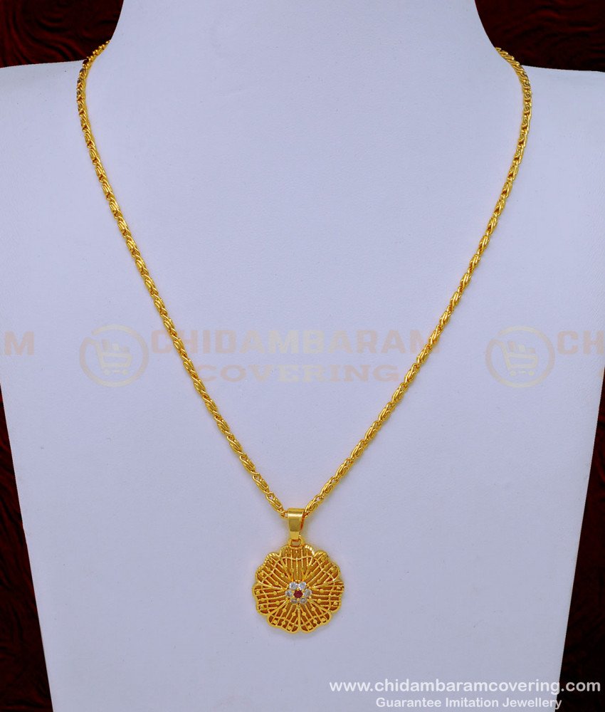 SCHN410 - New Model Light Weight Ruby Stone Flower Dollar Chain One Gram Gold Jewellery