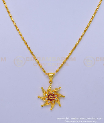 SCHN416 - Unique Ruby Stone Flower Design Pendant Gold Plated Short Chain for Ladies