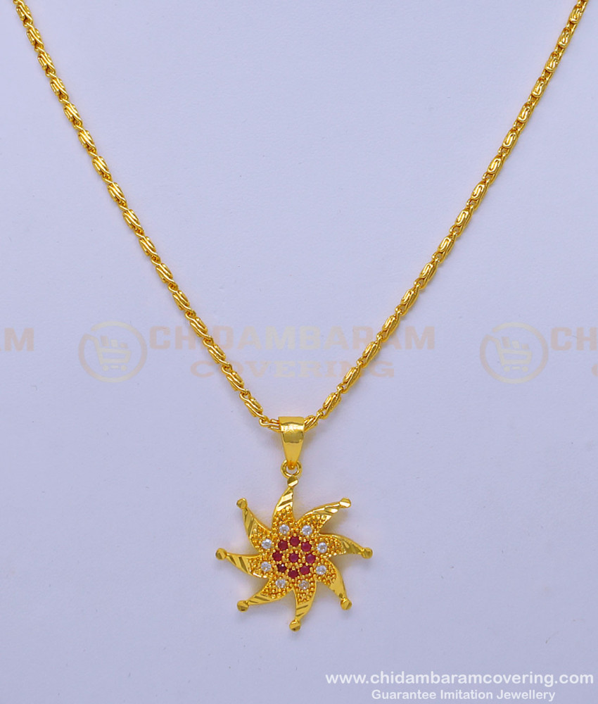 SCHN416 - Unique Ruby Stone Flower Design Pendant Gold Plated Short Chain for Ladies