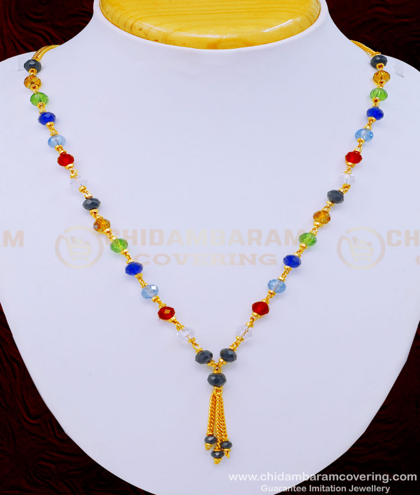 SCHN431 - Multicolor Crystal Beads Necklace Design Navaratna Short Chain Online