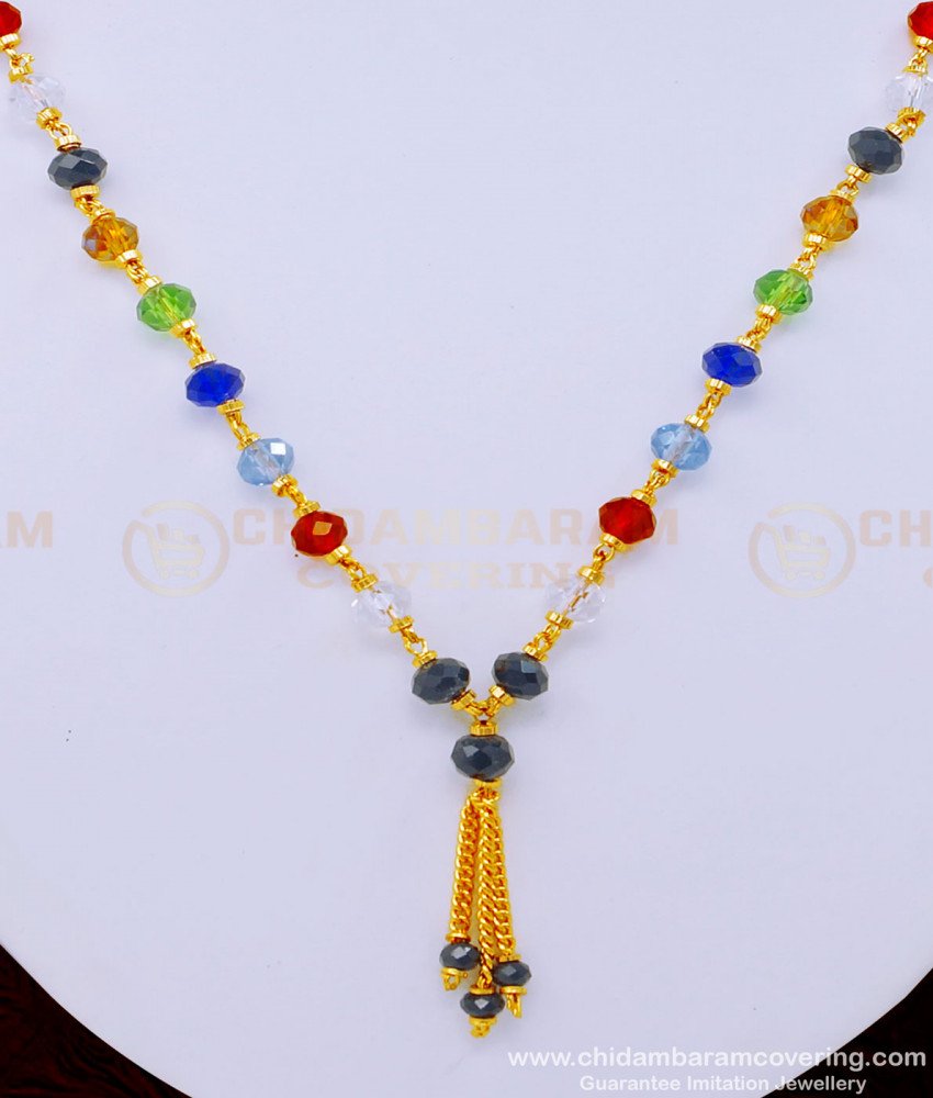 SCHN431 - Multicolor Crystal Beads Necklace Design Navaratna Short Chain Online
