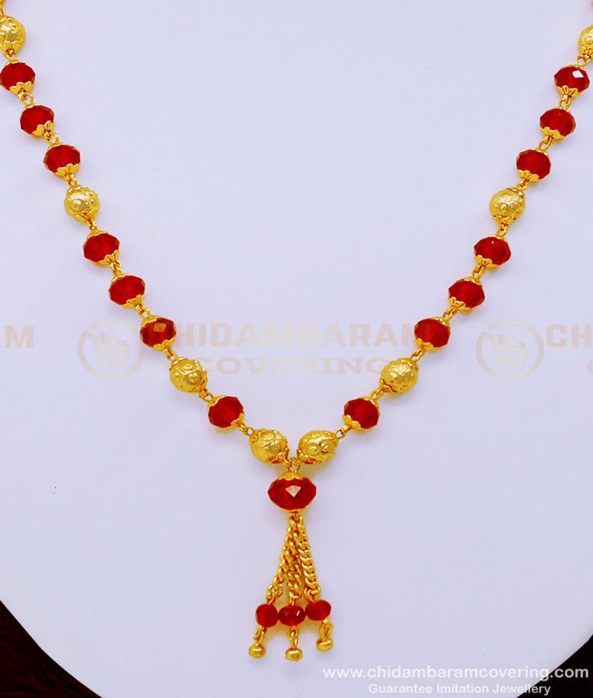 SCHN432 - Beautiful Daily Wear Red Crystal Beads Chain Designs