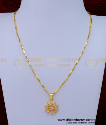 SCHN459 - Real Gold Design White Stone Flower Pendant with Short Chain