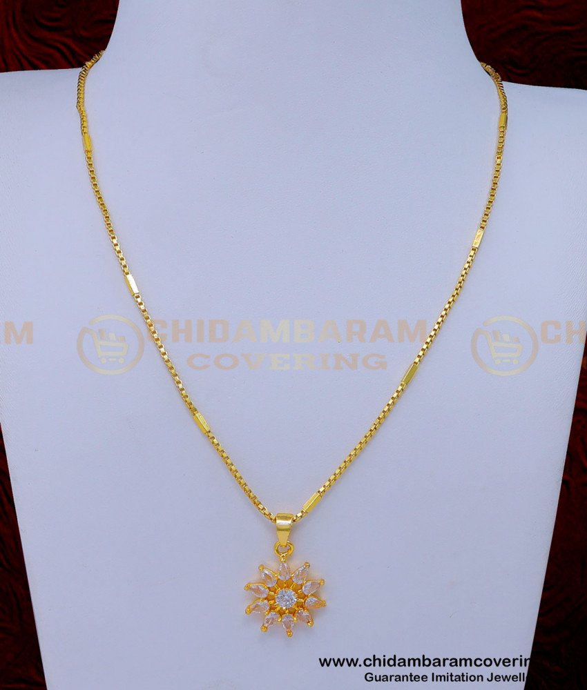 SCHN459 - Real Gold Design White Stone Flower Pendant with Short Chain
