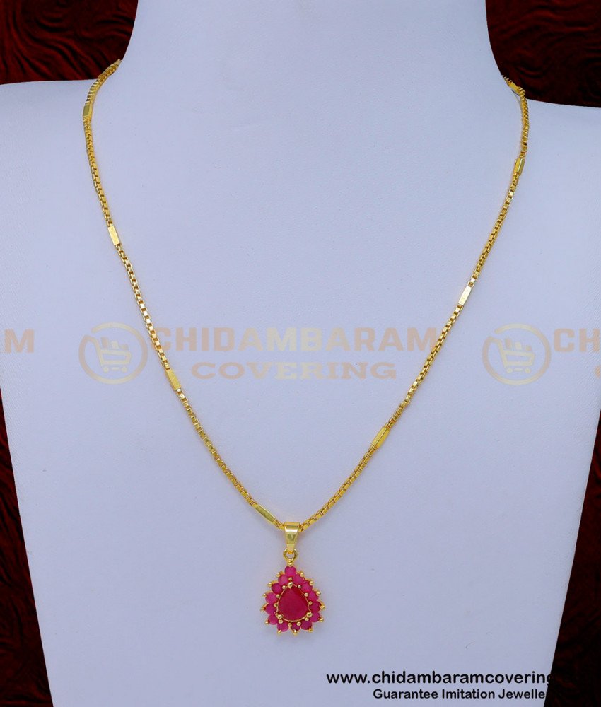 SCHN461 - Latest Gold Ruby Pendant Designs with Chain for Girls