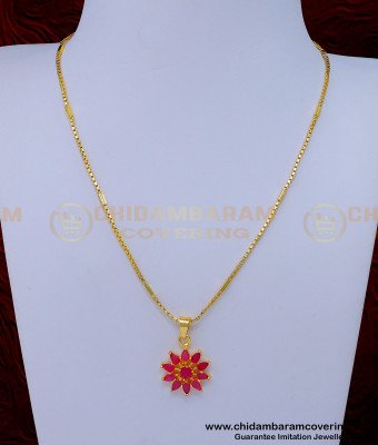 SCHN462 - Elegant Ruby Stone Flower Design Pendant with Gold Chain 