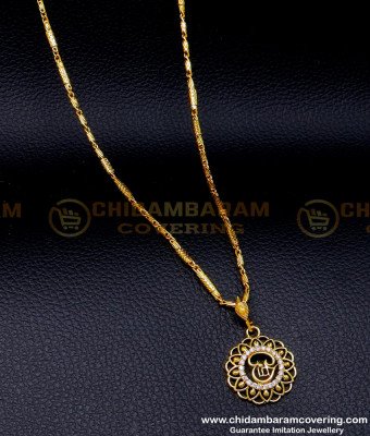 SCHN496 - Gold Design White Stone Tamil Om Dollar with Chain