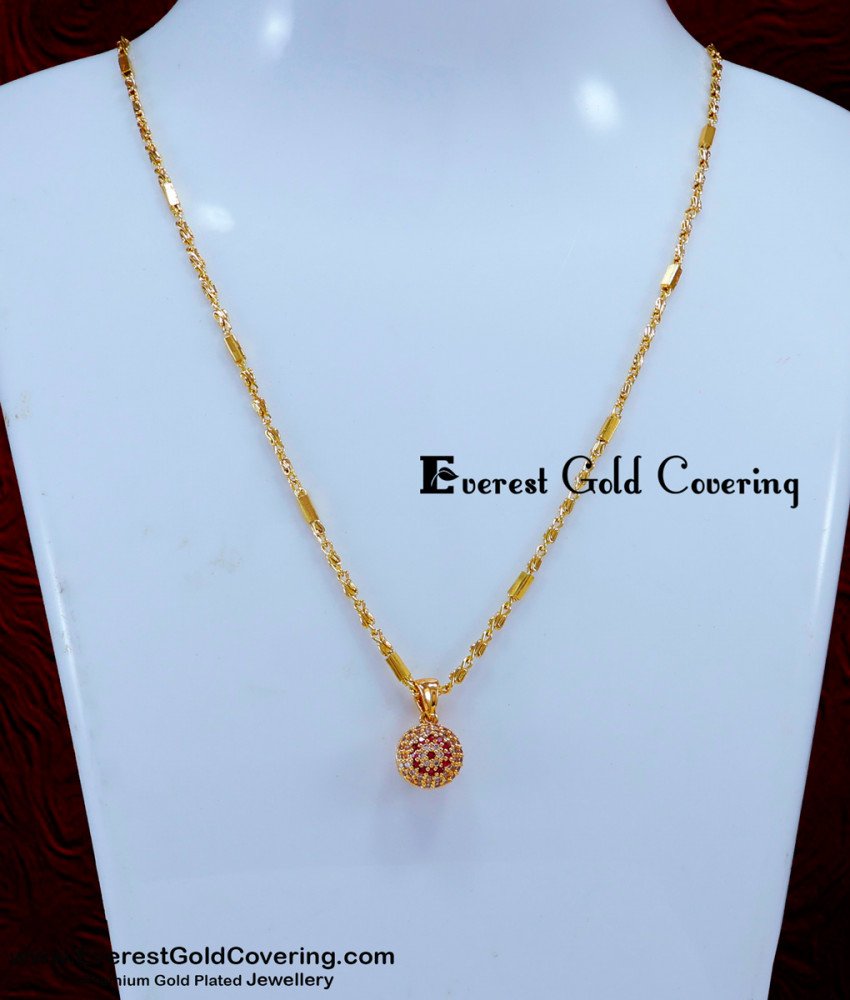 SCHN527 - Latest White and Ruby Stone Ball Pendant Chain Gold