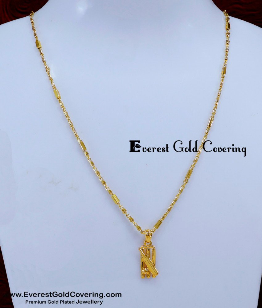 SCHN529 - Trendy Cricket Bat Locket Gold Model Pendant Chain