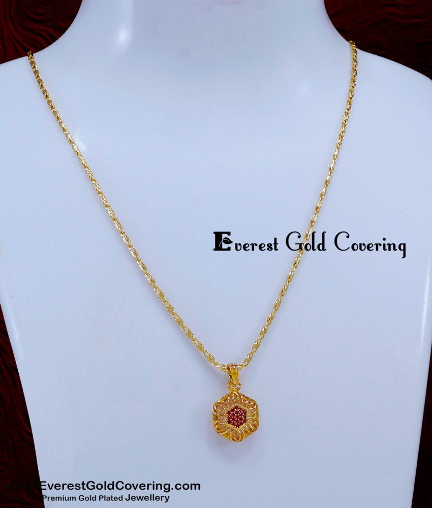 SCHN531 - Gold Look Ruby Pendant Gold Chain for Women