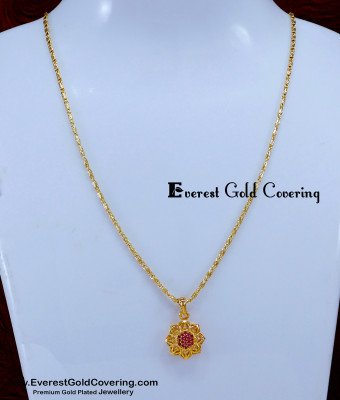 SCHN532 - One Gram Gold Floral Ruby Stone Pendant Chain