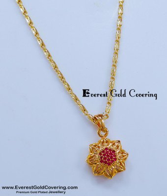SCHN532 - One Gram Gold Floral Ruby Stone Pendant Chain