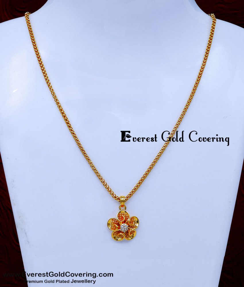 SCHN561 - 1 Gram Gold Flower Design Daily Wear Pendant Chain