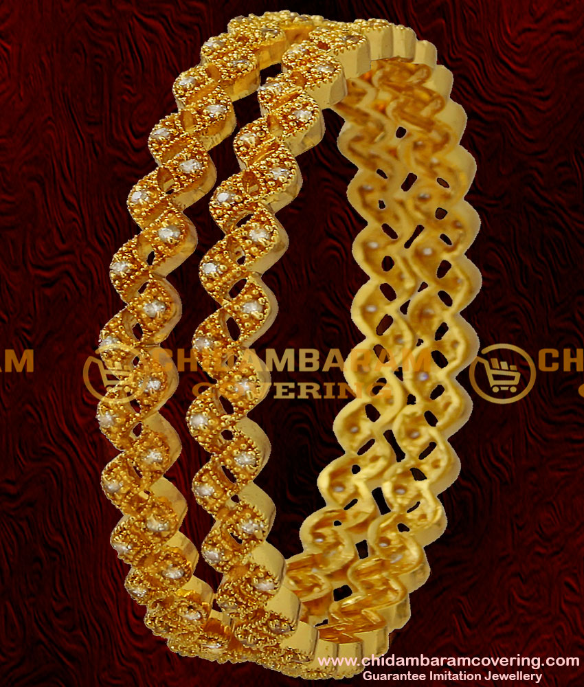 BNG032 - 2.8 Size Gold Plated White Stone Party Wear Zig Zag High Quality Bangle