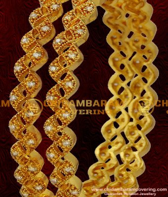 BNG032 - 2.8 Size Gold Plated White Stone Party Wear Zig Zag High Quality Bangle