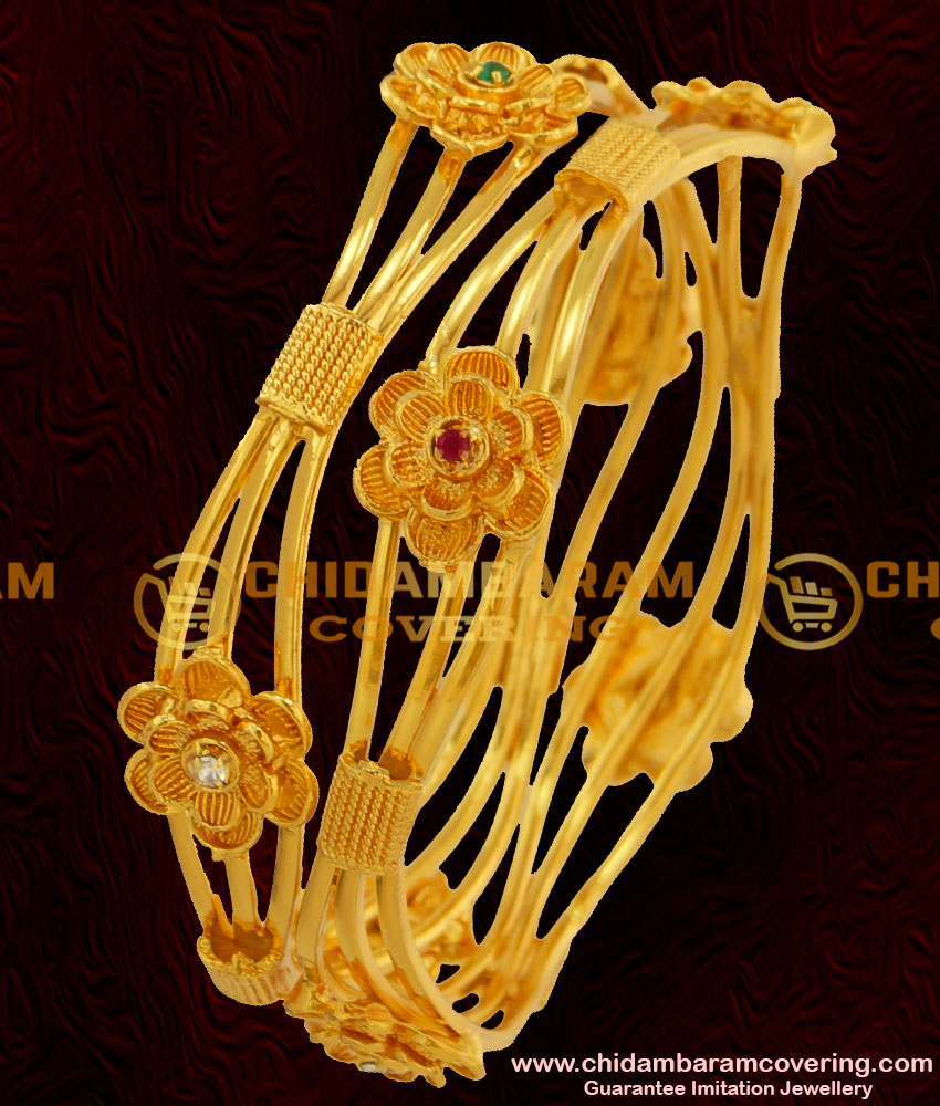 BNG050 - 2.6 Size Latest Collection Bridal Wear Flower Design Multi Stone Imitation Bangles Online