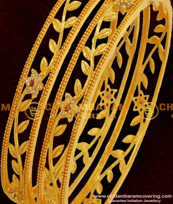 BNG051 - 2.8 Size Elegant Stylish Floral Stone Party Wear Bangles Exclusive One Gram Gold Plated Jewellery Online