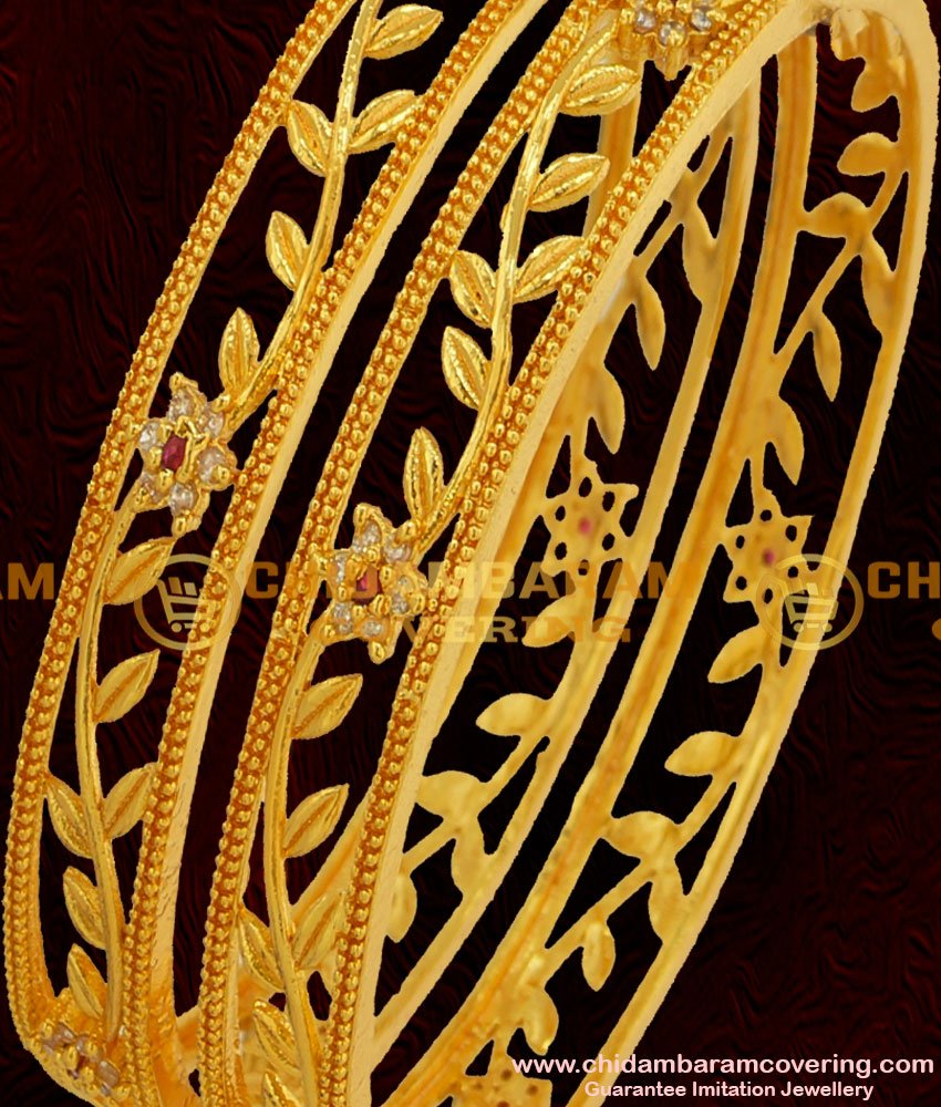 BNG051 - 2.8 Size Elegant Stylish Floral Stone Party Wear Bangles Exclusive One Gram Gold Plated Jewellery Online