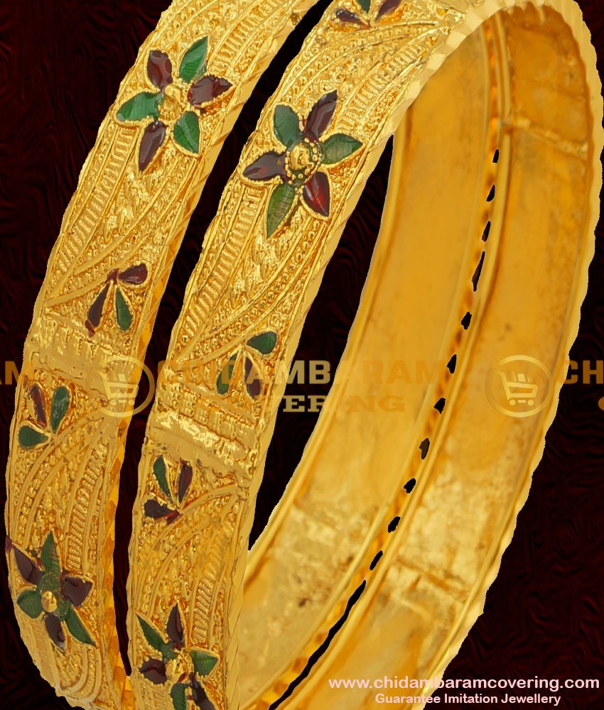 BNG057 - 2.8 Size Elegant Gold Plated Shiny Leaf Cutting Designer Bangles Online 